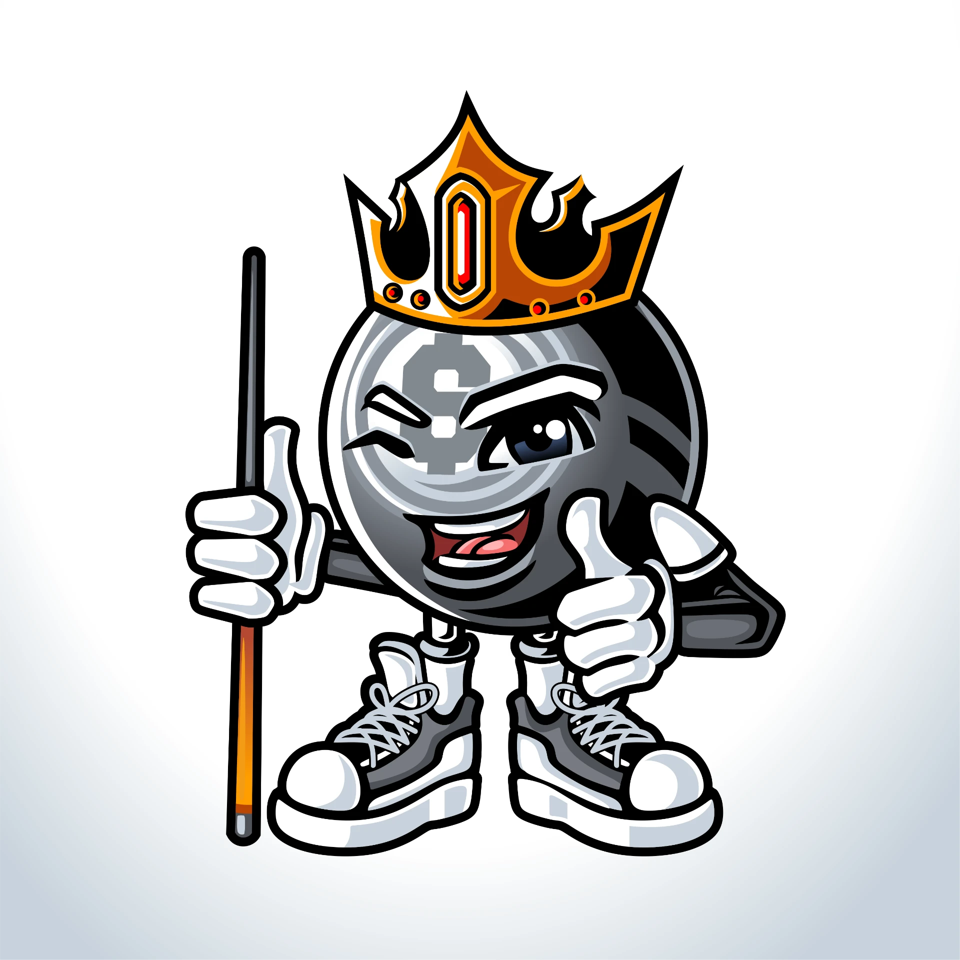 Post-Up mascot: crowned 8-ball holding a cue